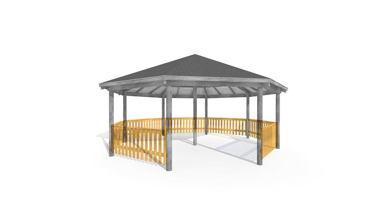 Technical render of a 7.5M Octagonal Gazebo with Decked Base